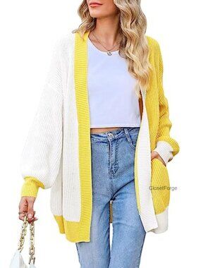 Oversized Ribbed Knit Open Front Batwing Sleeve Cardigan Sweater with Pockets